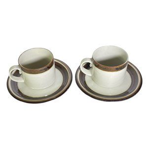 ARABIA Finland Vintage Karelia Stoneware Ceramic Flat Cup & Saucer‎ Set Of 2